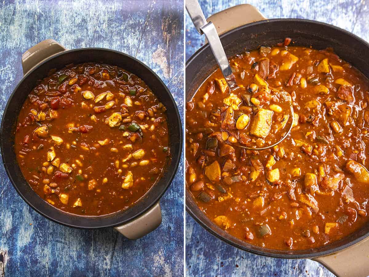 Simmering Buffalo Chicken Chili in a pot, and serving a ladle full