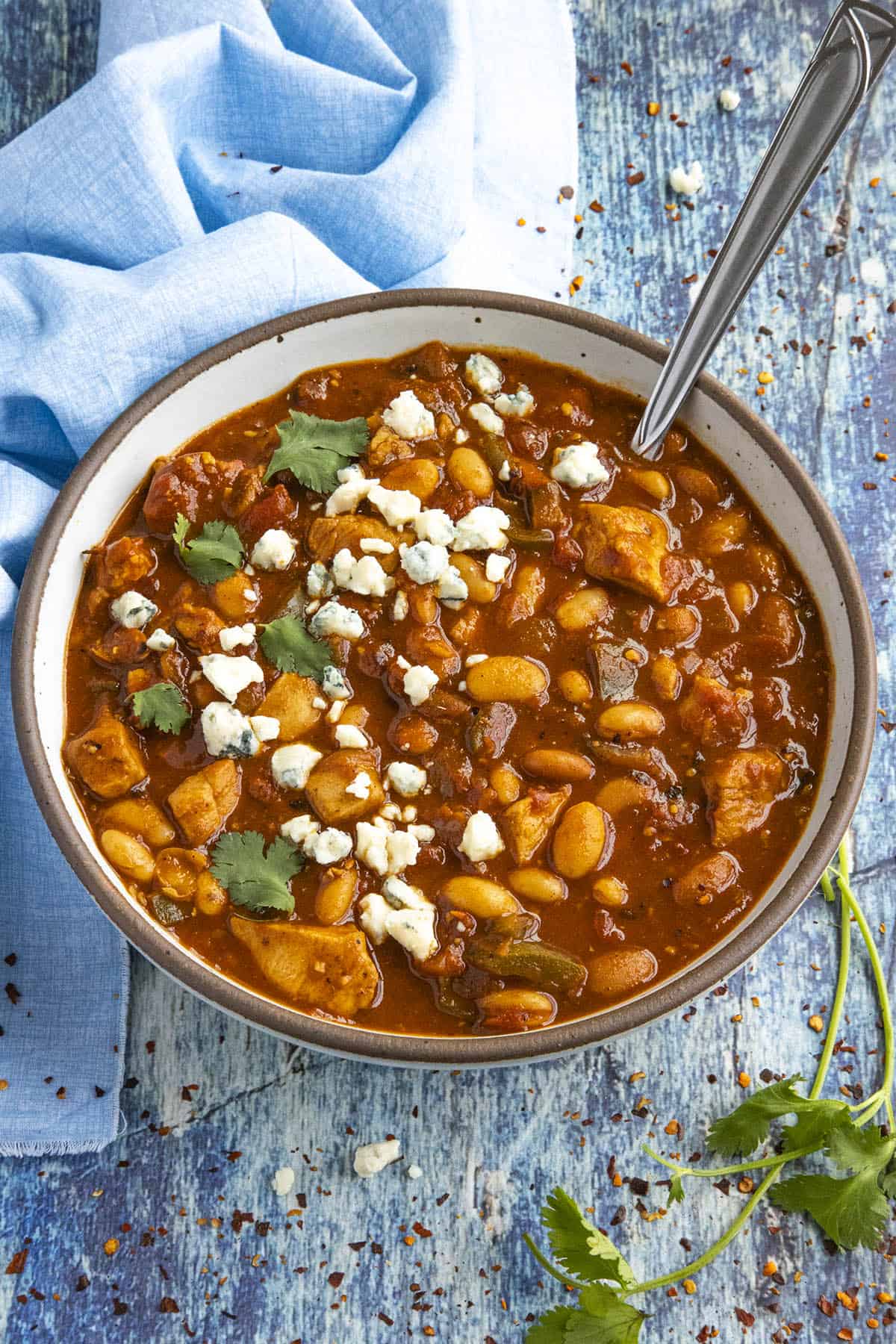 Buffalo Chicken Chili in a bowl with garnish