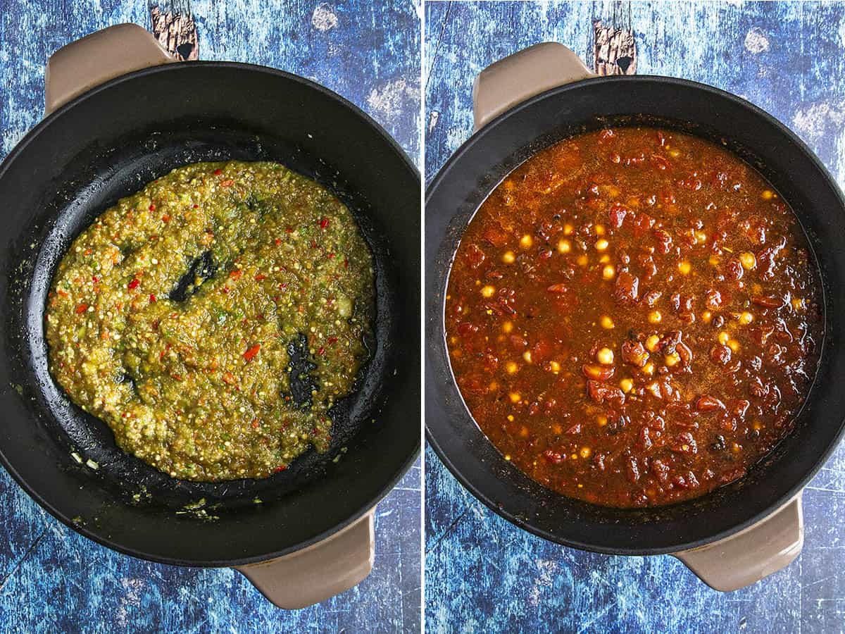 Cooking the chana masala paste and simmering chana masala in a pot