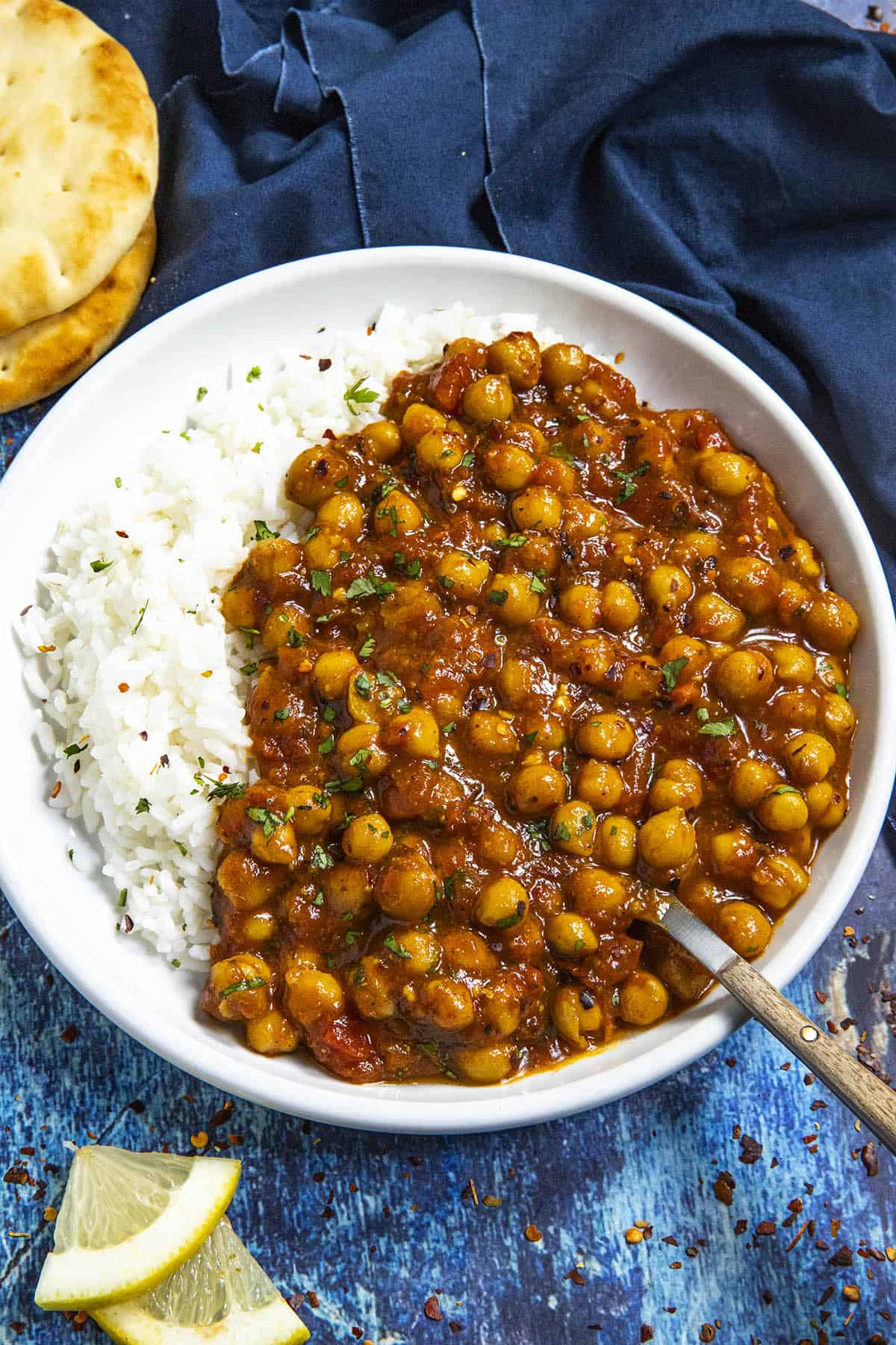Chana Masala served in a bowl with rice