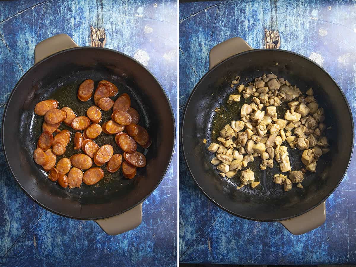 Browning sausage and chicken in a pot to make Chicken and Sausage Jambalaya