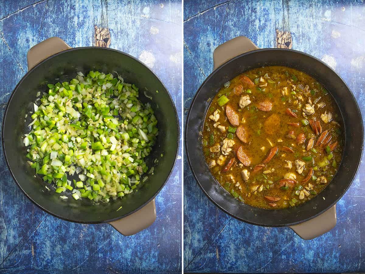 Cooking vegetables and simmering Chicken and Sausage Jambalaya in a pot