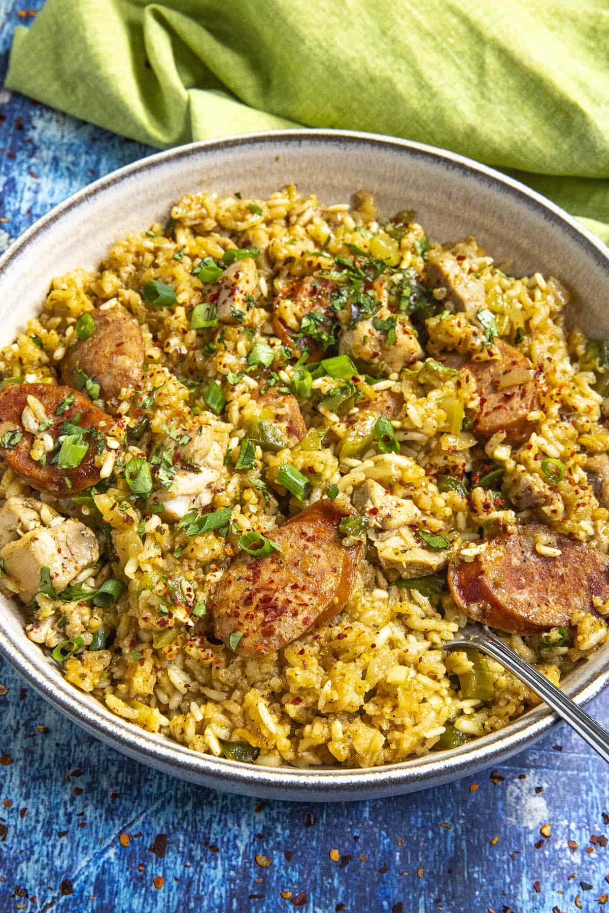 Chicken and Sausage Jambalaya in a bowl, ready to serve
