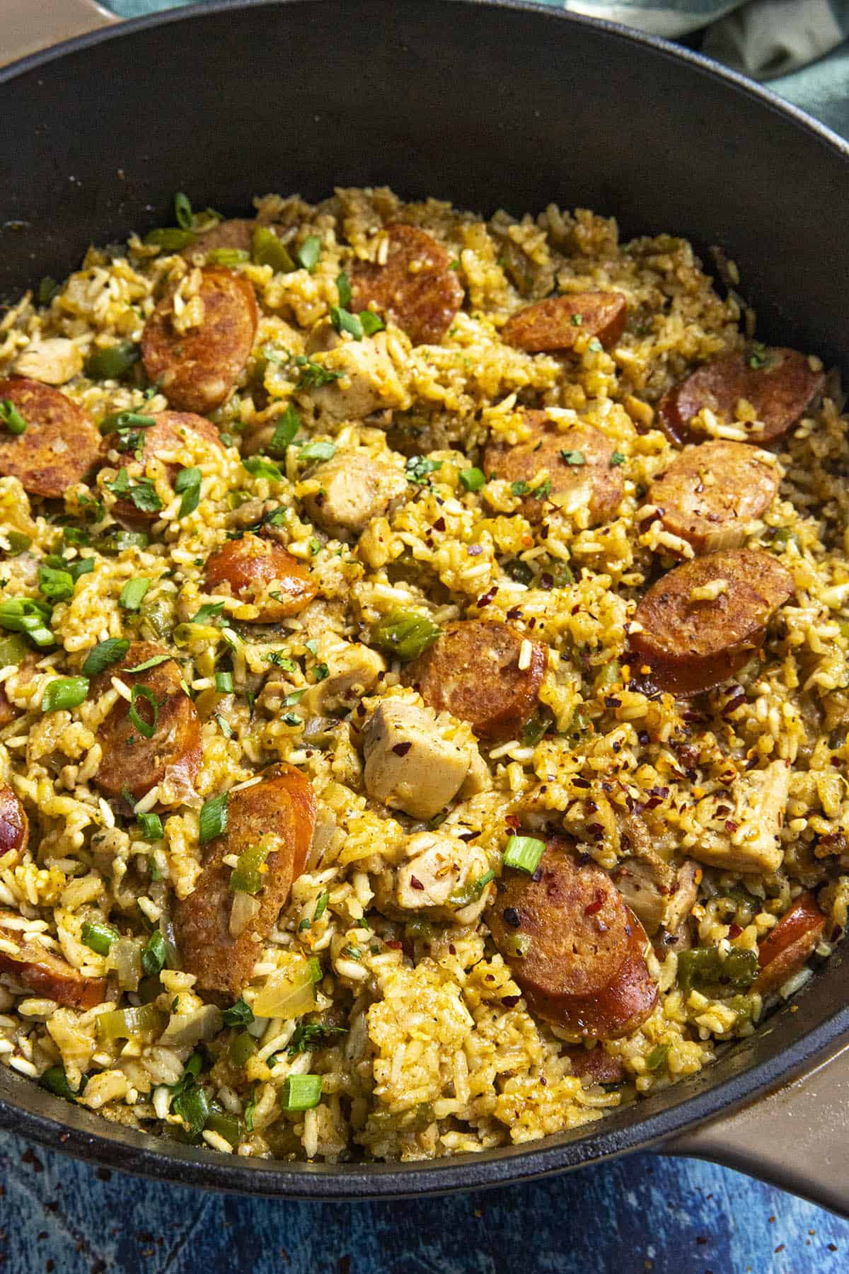 Chicken and Sausage Jambalaya in a pot, ready to serve