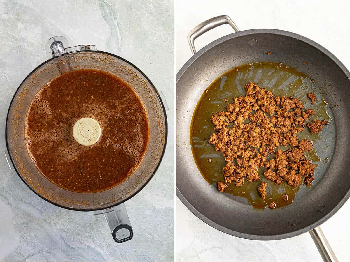 Processing the tomato sauce base and cooking Mexican chorizo to make sopa de fideo