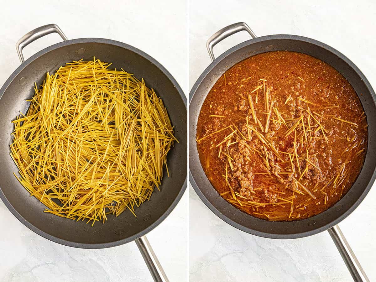 Toasting noodles golden brown in a pan, then simmering them in a saucy, spiced tomato broth to make sopa de fideo