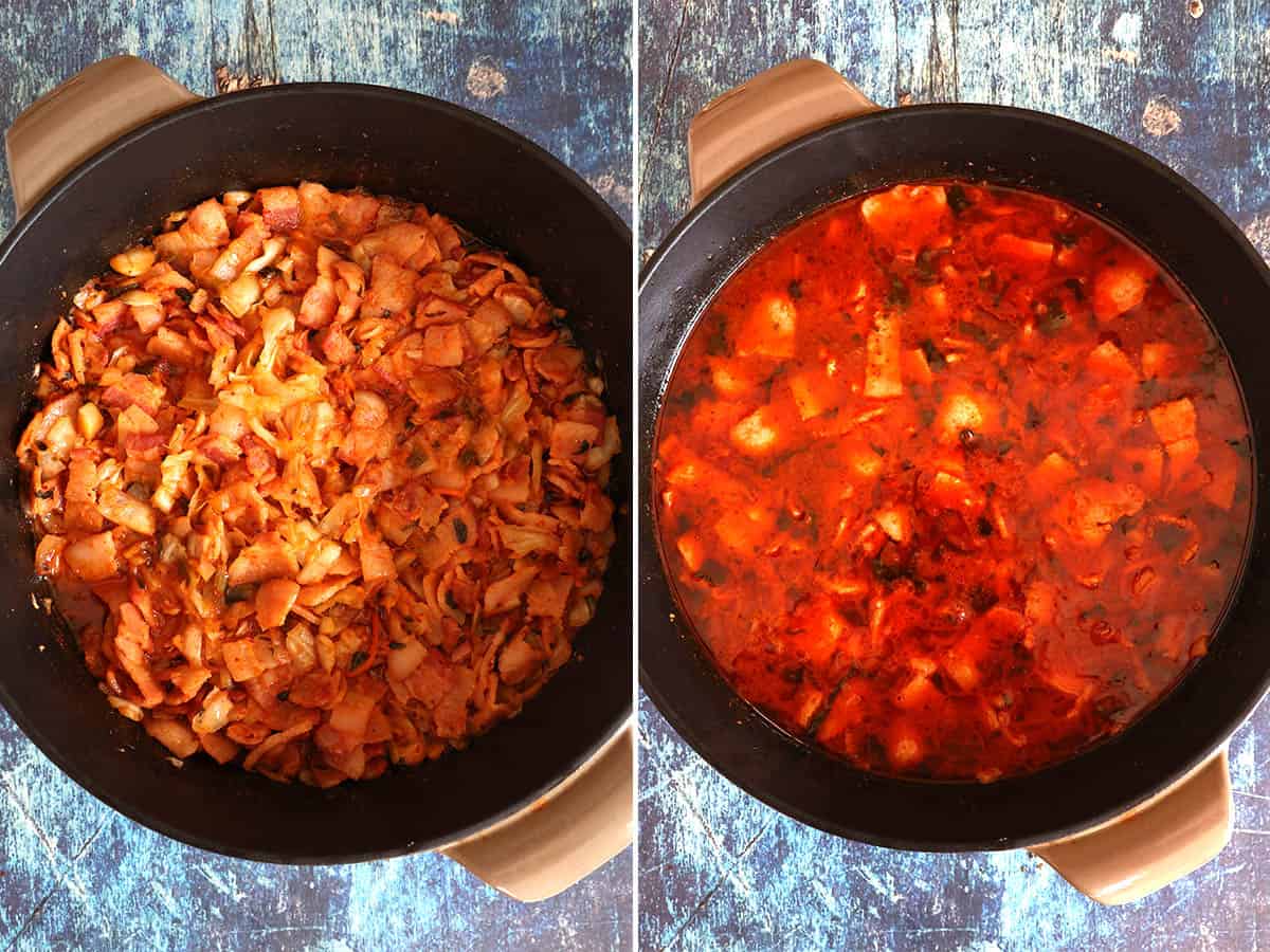 Cooking down pork belly and kimchi in a pot to make kimchi jjigae, then simmering