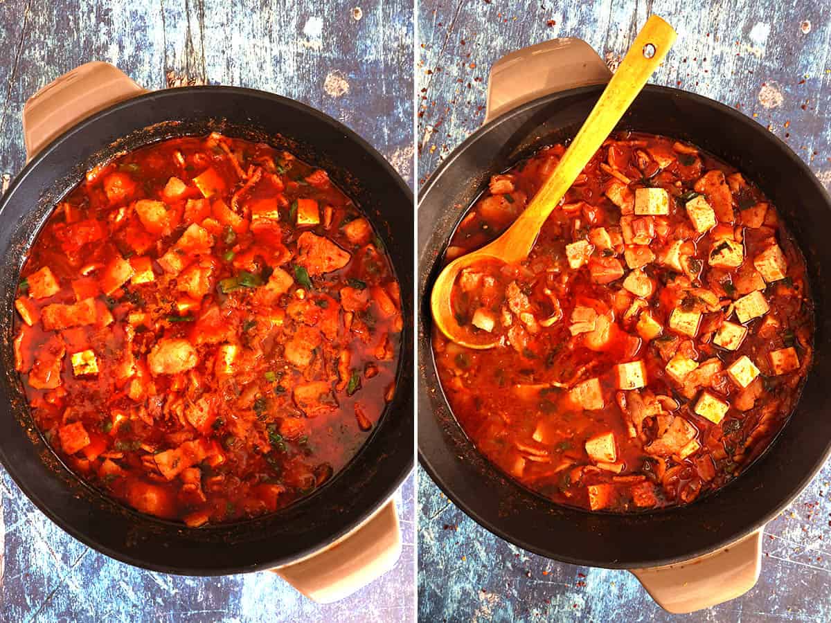 Simmering Kimchi Jjigae (Korean Kimchi Stew) in a pot