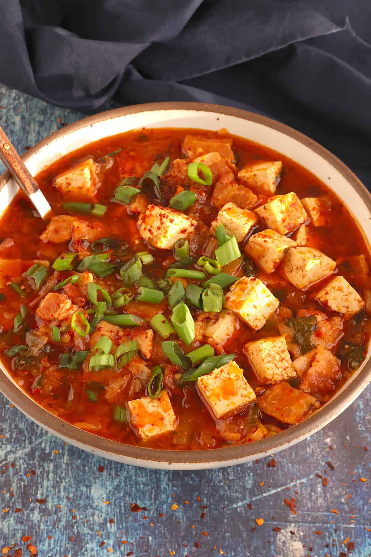 Kimchi Jjigae (Korean Kimchi Stew) in a bowl, ready to serve