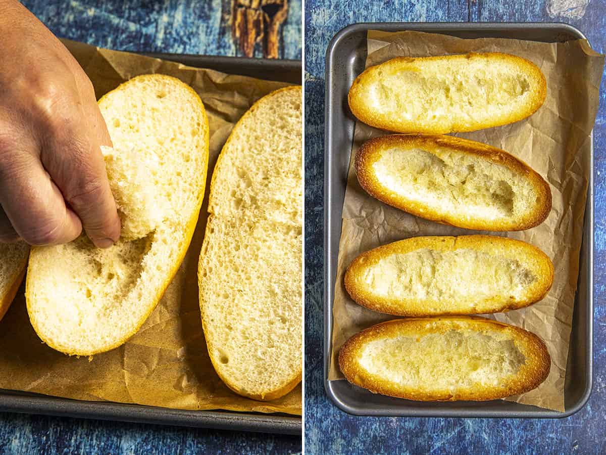 Toasting bolillo rolls to make Mexican molletes