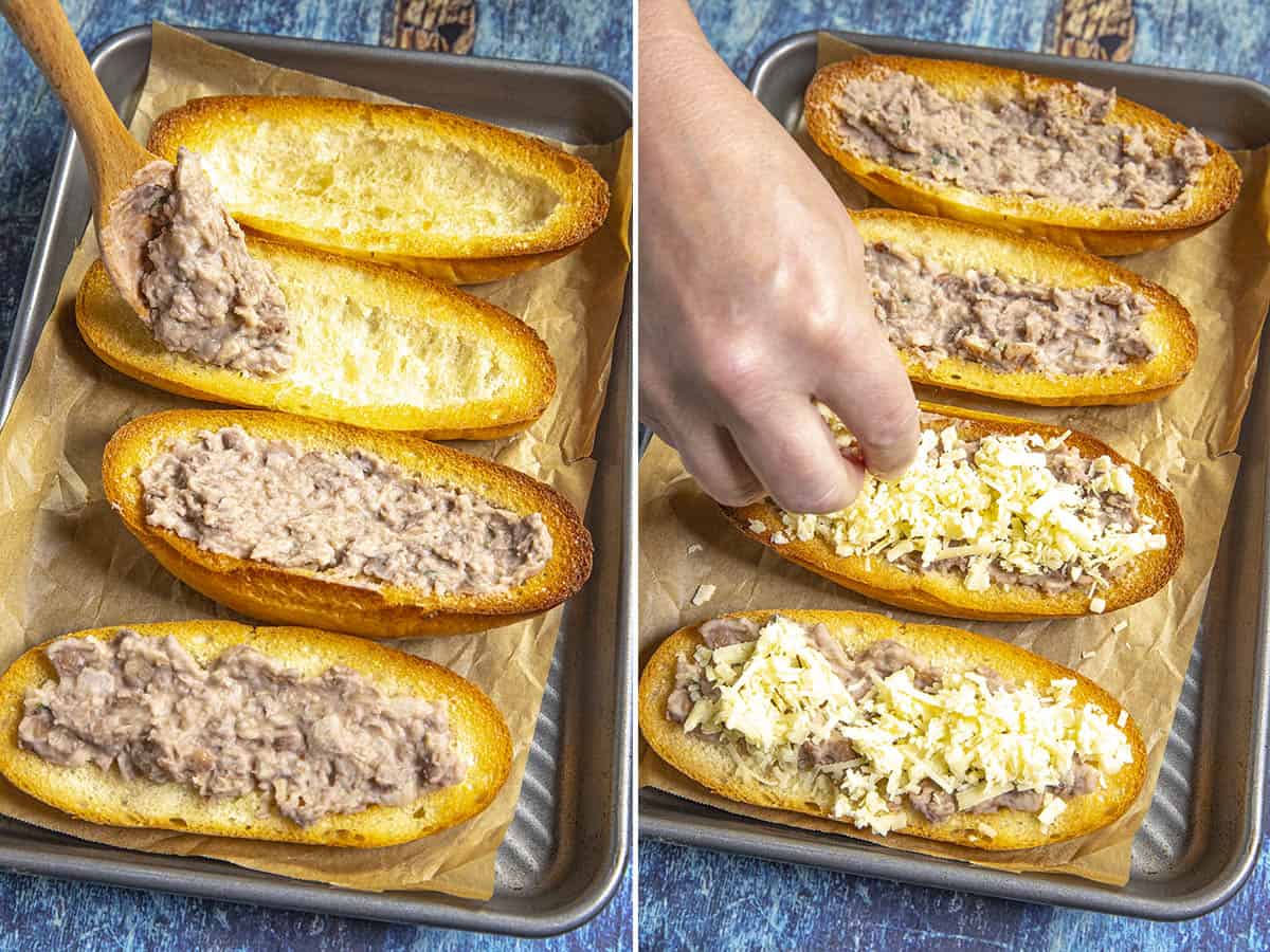 Filling Mexican molletes with refried beans and topping with shredded cheese