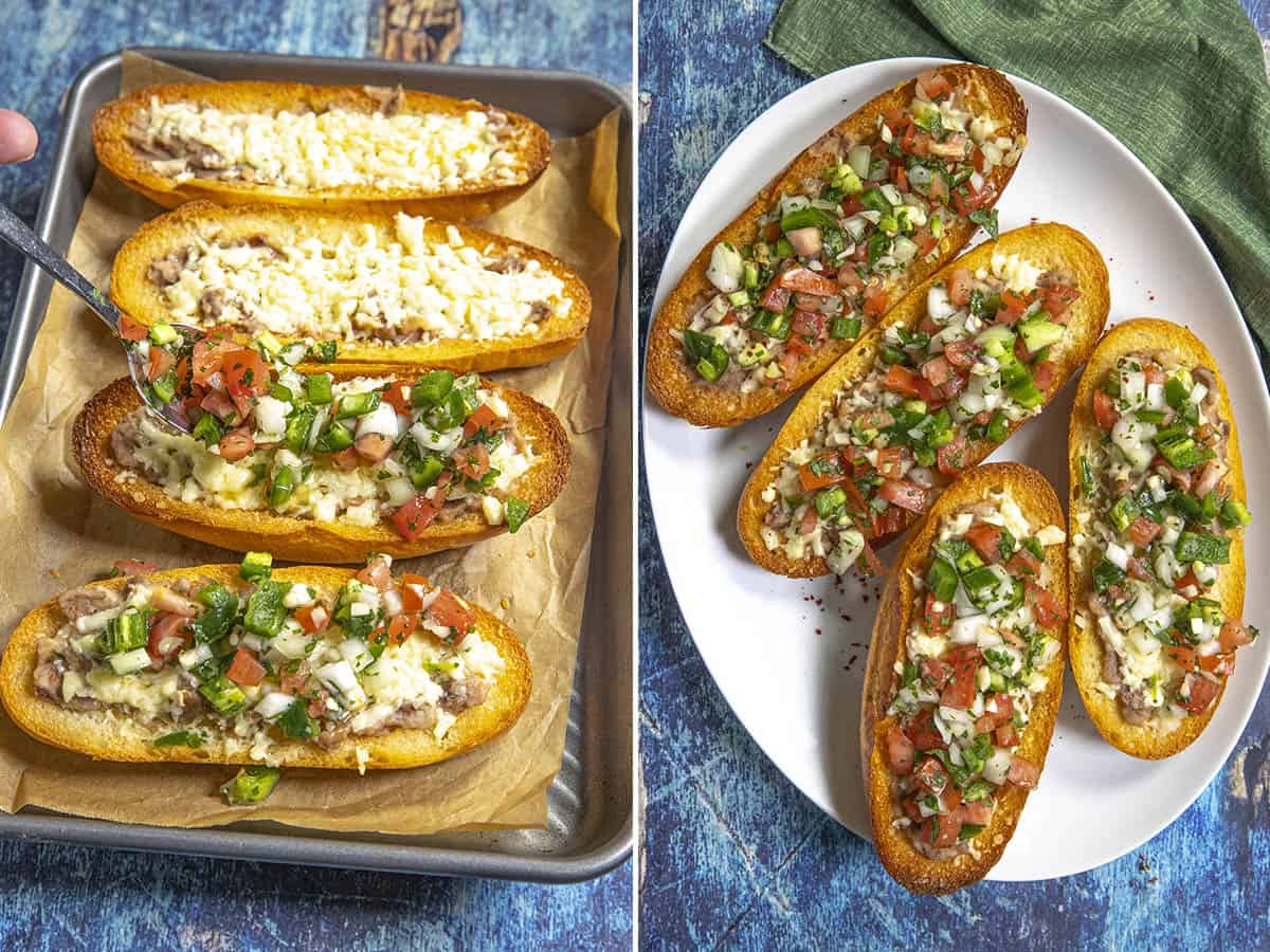 Topping Mexican molletes with fresh pico de gallo salsa