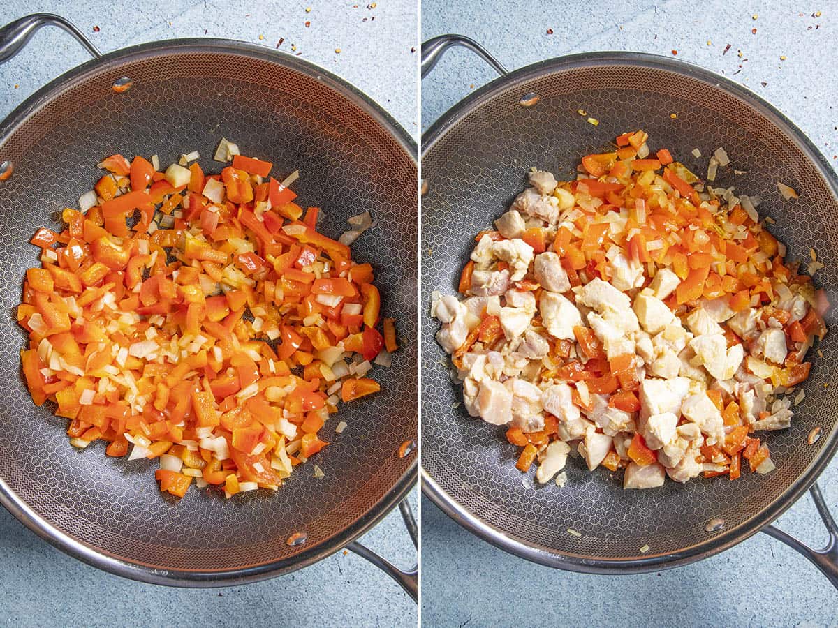 Stir frying vegetables and chicken in a wok to make Panang Curry