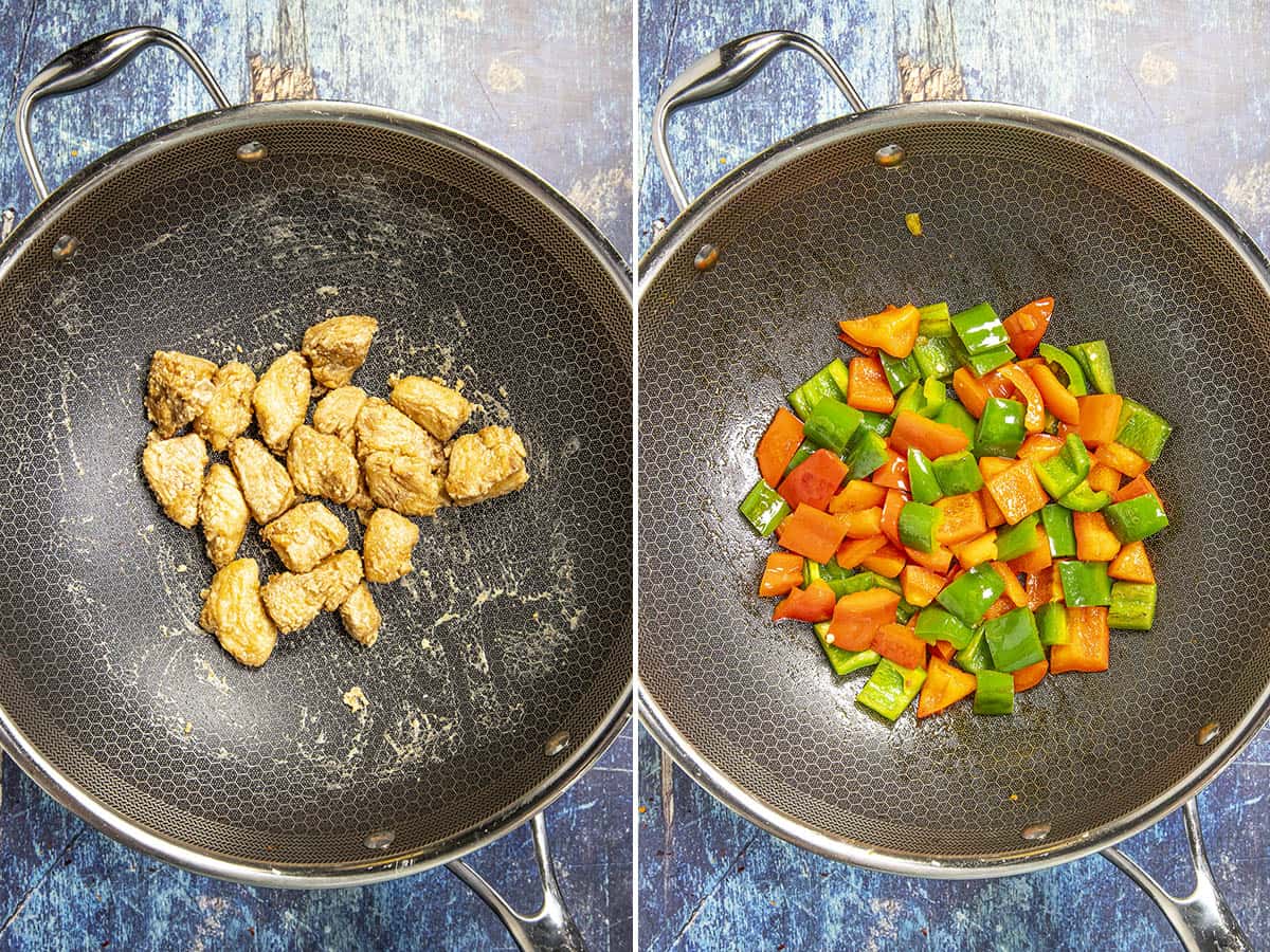 Stir frying chicken and peppers in a hot wok to make Szechuan Chicken