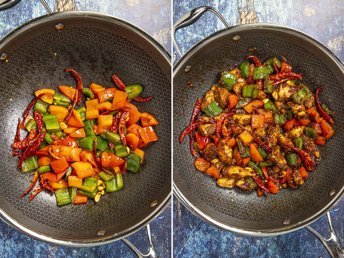 Stir frying Szechuan Chicken in a hot wok