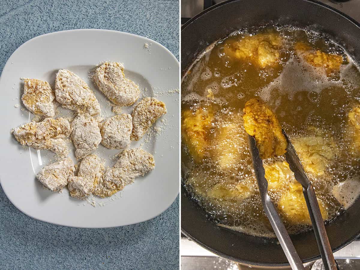 Coating chicken nuggets in flour, then frying them to make boneless buffalo wings