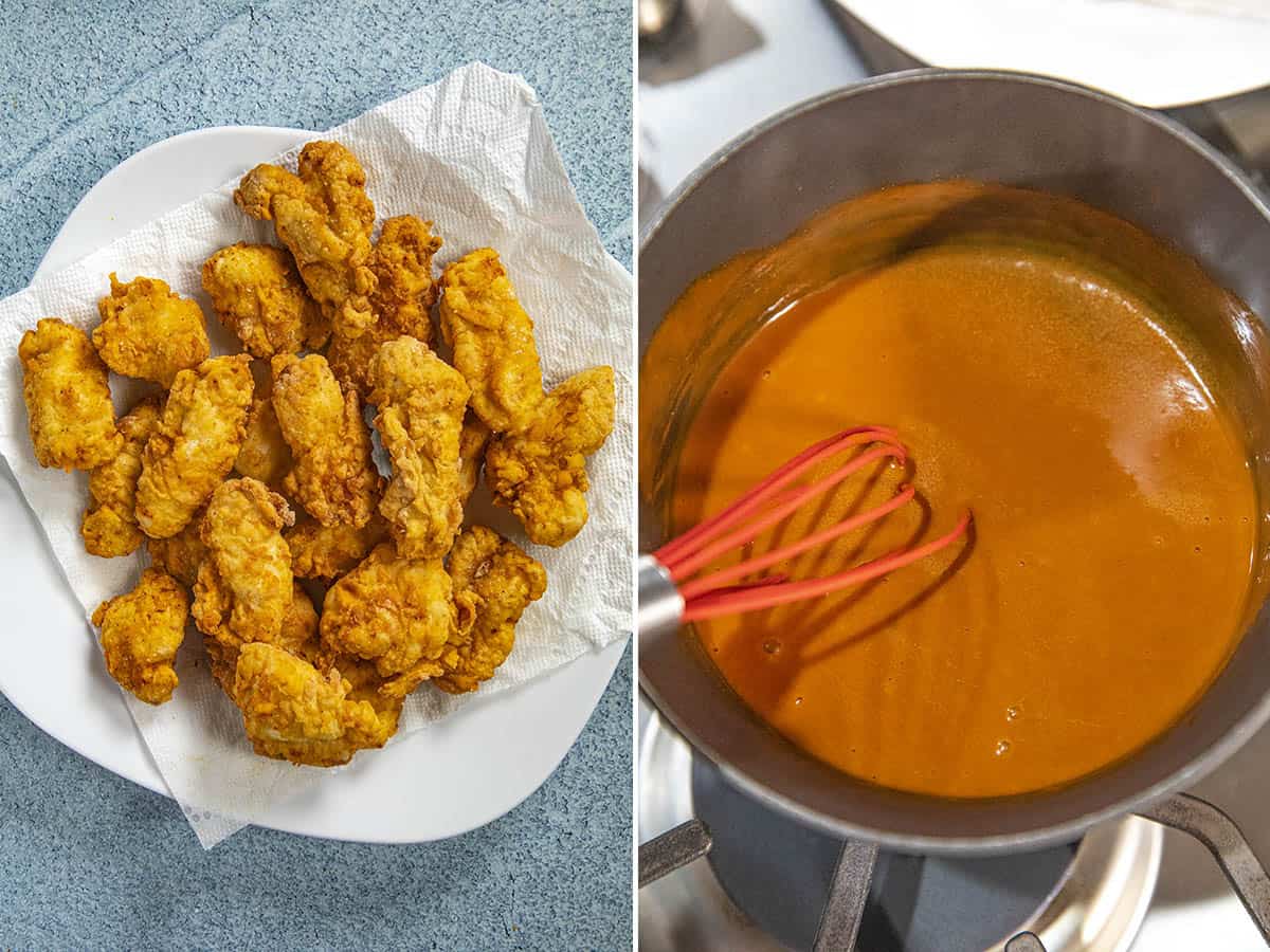 Crispy fried boneless chicken wings on a plate, and homemade buffalo sauce ready to make boneless buffalo wings
