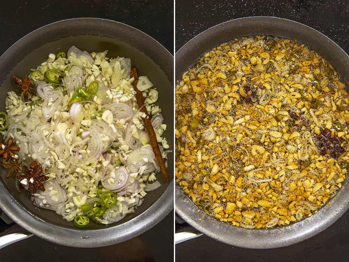 Simmering chilies, shallots, and spices in hot oil to make chili crisp chili oil