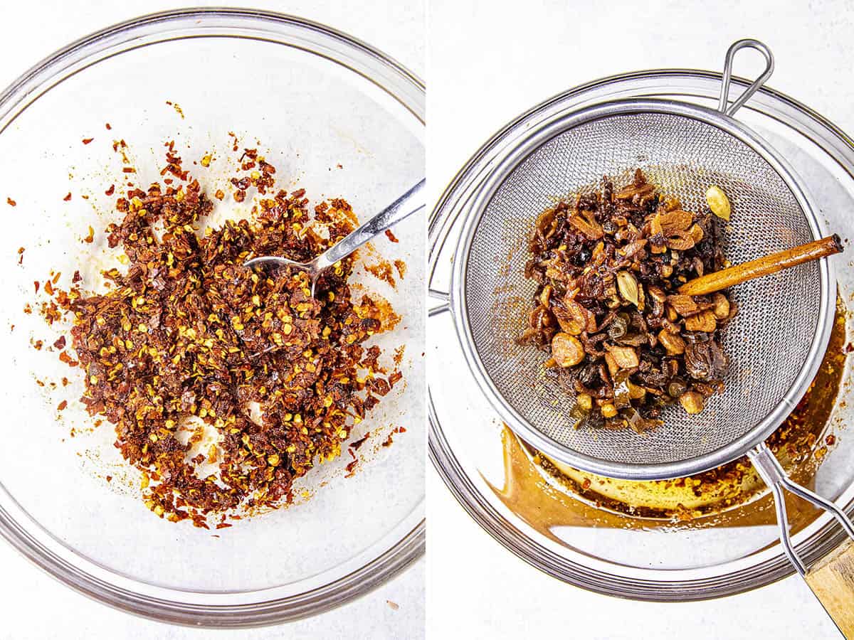 Straining crispy chili oil bits into a bowl of hot chili flakes to make crunchy chili crisp