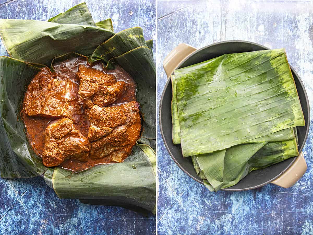 Marinating pork shoulder, then wrapping it in banana leaves to make Mexican cochinita pibil