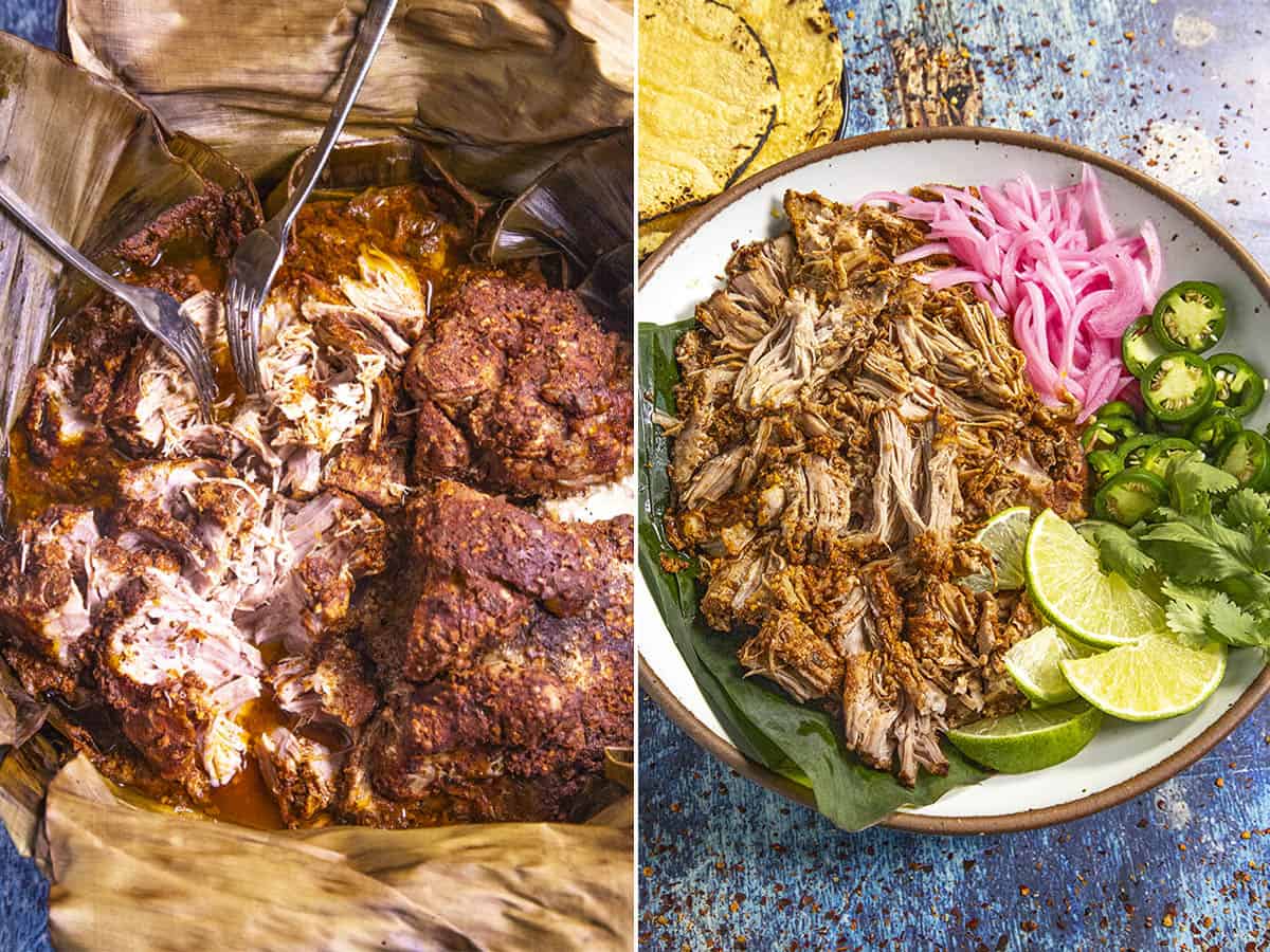 Mike shredding Mexican cochinita pibil with forks, and placing it in a serving bowl