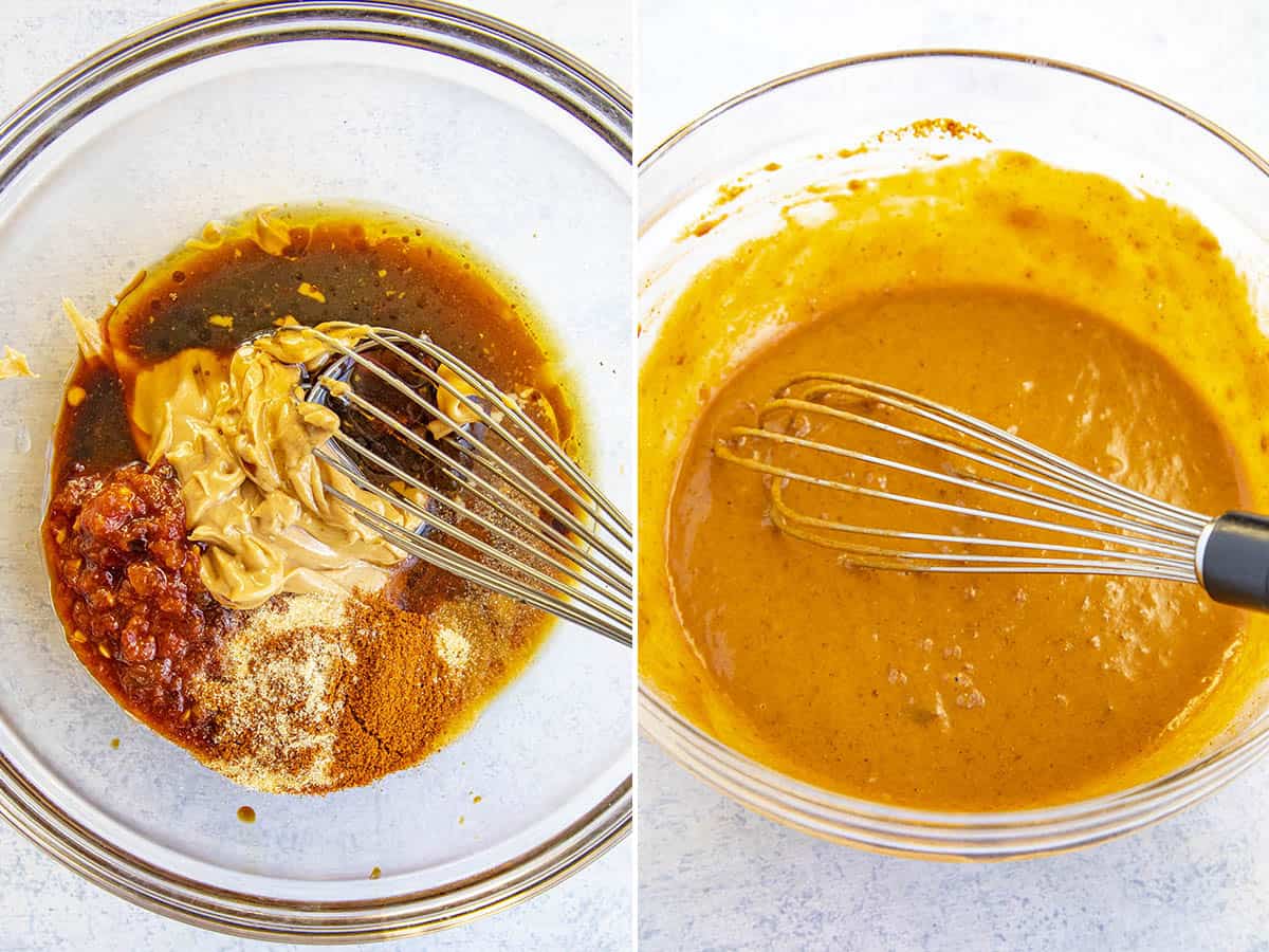 Whisking Thai peanut sauce ingredients in a bowl