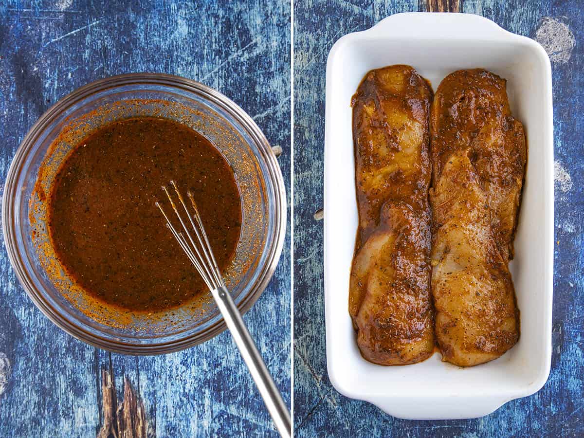 Grilled Chicken Marinade in a bowl and chicken marinating in a deep dish