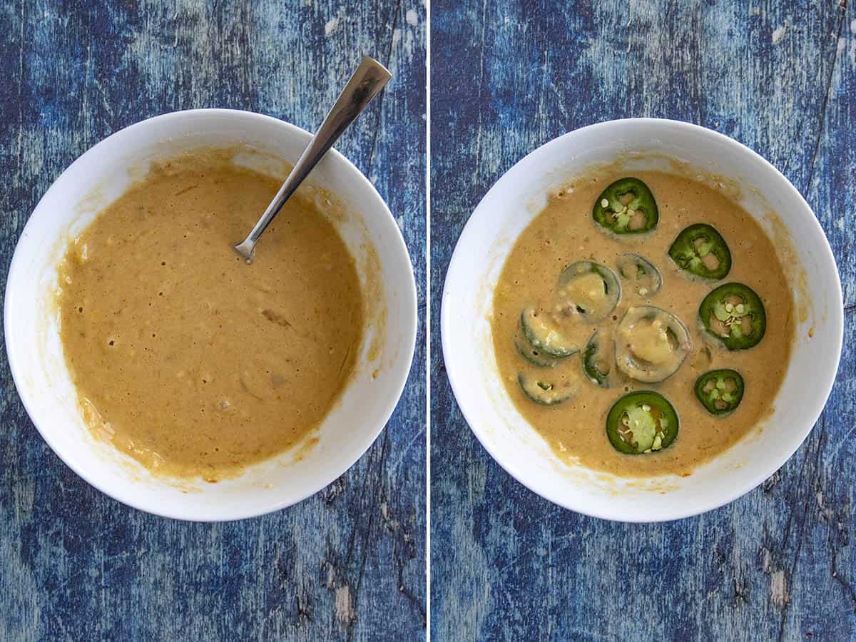 Dipping jalapeno rings into batter to make jalapeno bottle caps (fried jalapeno slices)