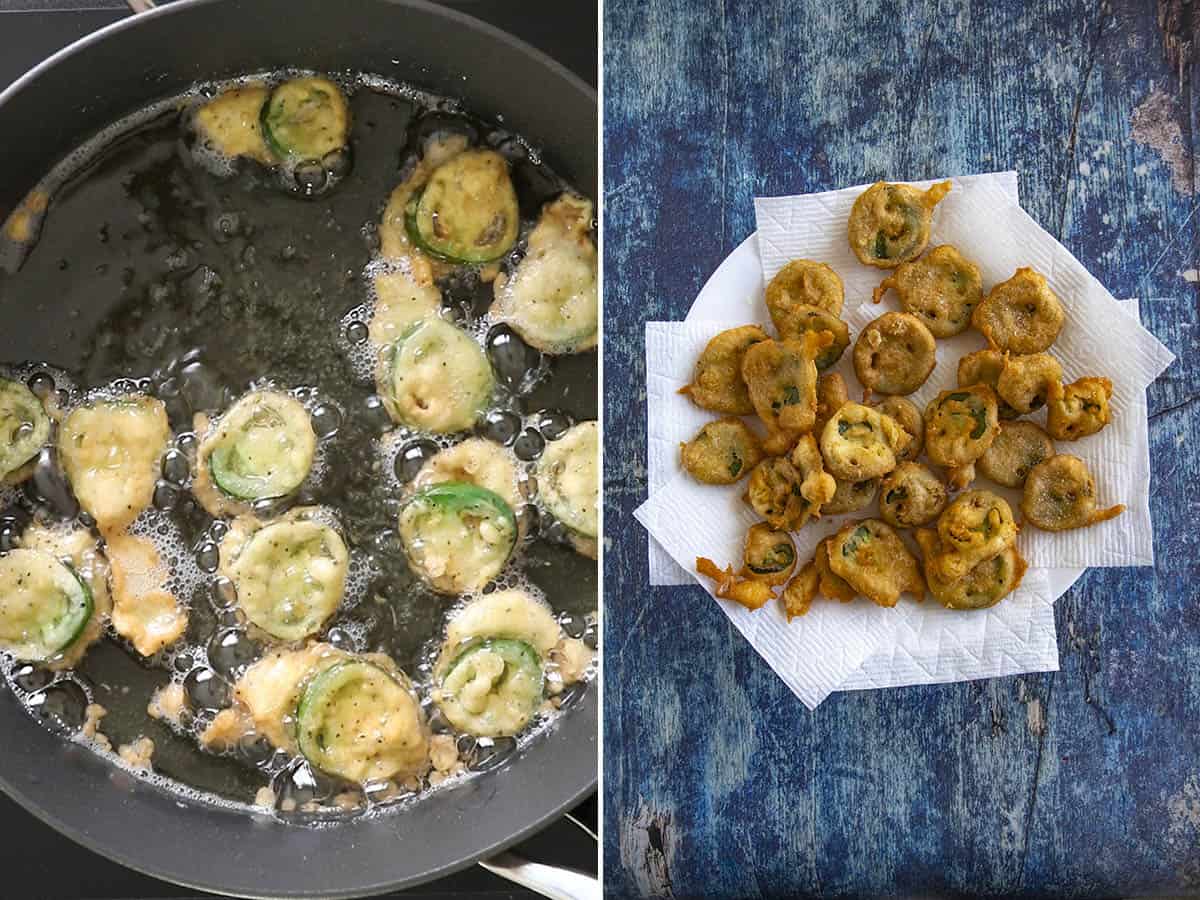 Frying and draining jalapeno bottle caps (fried jalapeno slices)