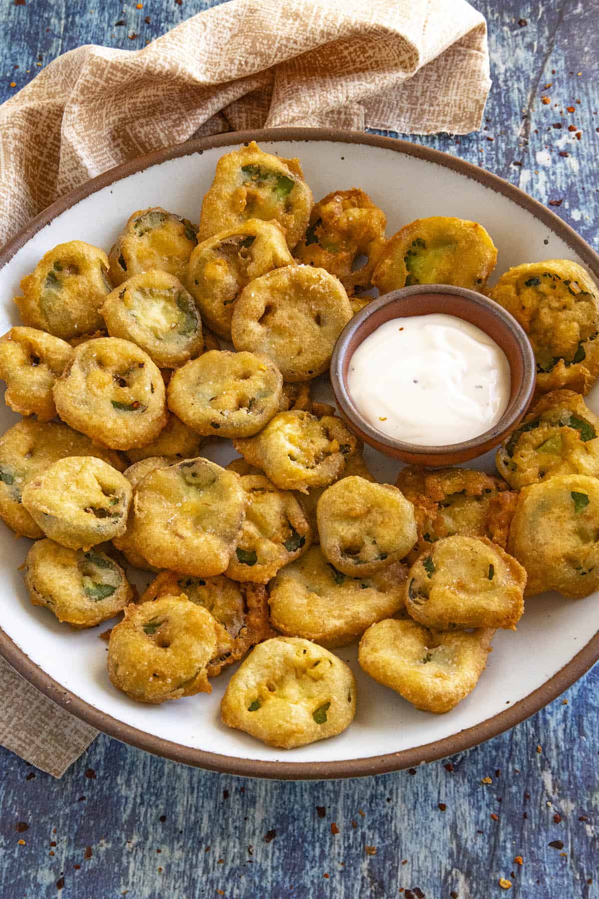 Jalapeno Bottle Caps (Fried Jalapeno Slices) on a platter