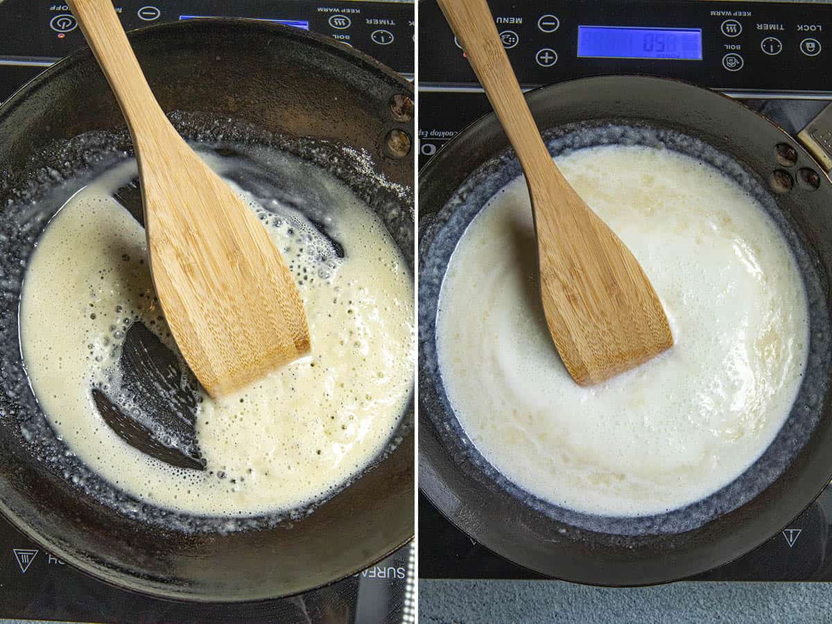 Making a roux and a bechamel in a pan to make nacho cheese sauce