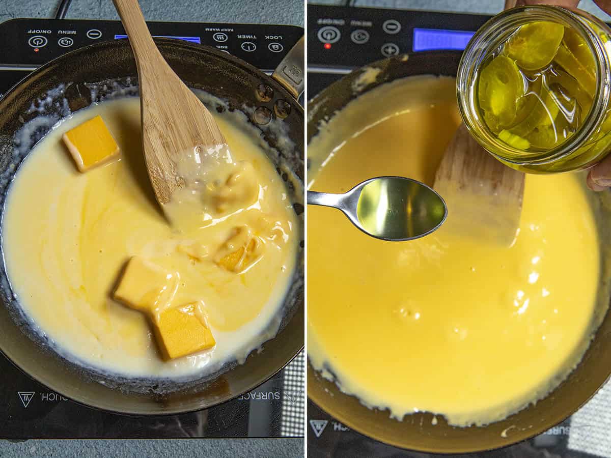 Swirling melty cheese and jalapeno pickle juice into a bechamel to make nacho cheese sauce