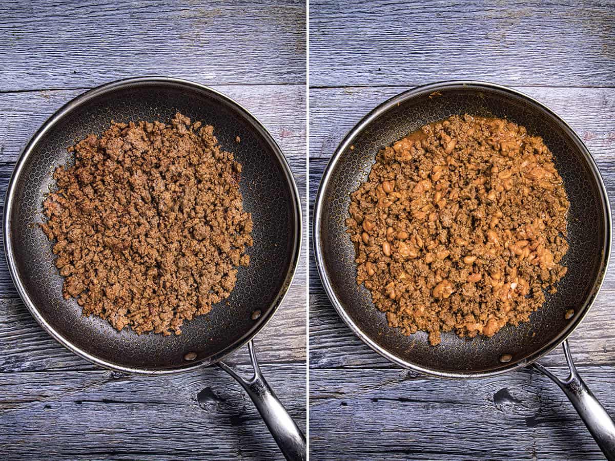 Making spiced ground beef and adding refried beans for topping homemade nachos