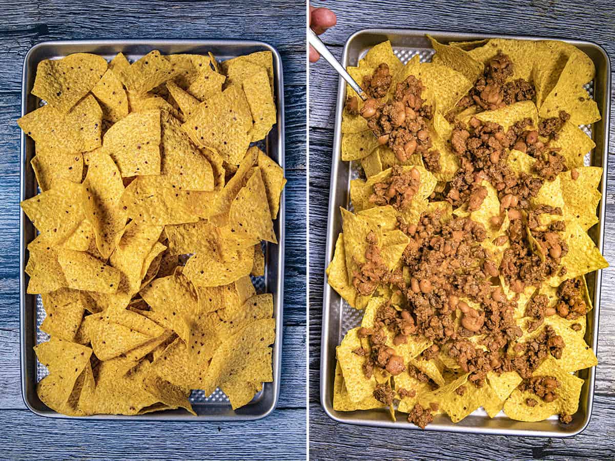 Spreading tortilla chips over a baking sheet, then topping it with spiced ground beef and refried beans to make homemade nachos