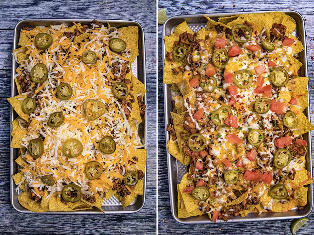 Topping a tray filled with tortilla chips with spiced ground beef, refried beans, shredded cheeses, and pickled jalapenos, then baking it to make homemade nachos