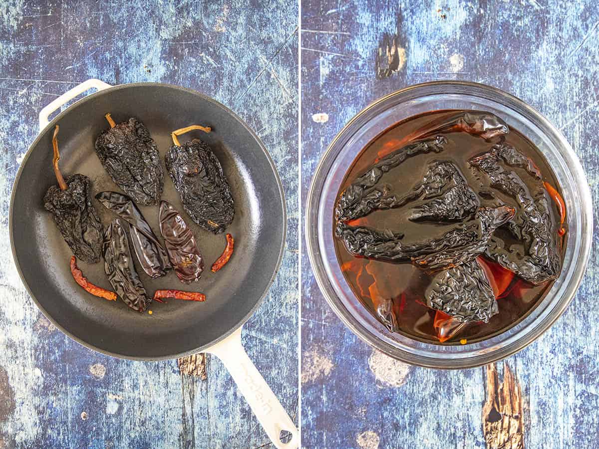 Toasting dried chilies in a pan, then soaking them in hot water to make Red Enchilada Sauce