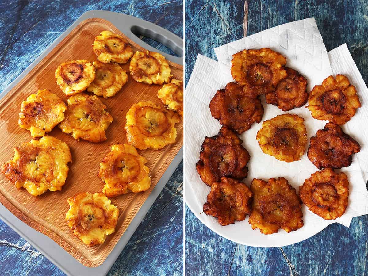 Smashed fried plantains on a cutting board, then fried again and drained on a plate with paper towels