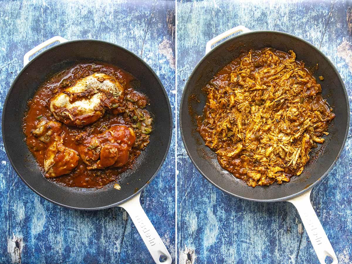 Cooking and shredding saucy chicken in a pan for chicken nachos