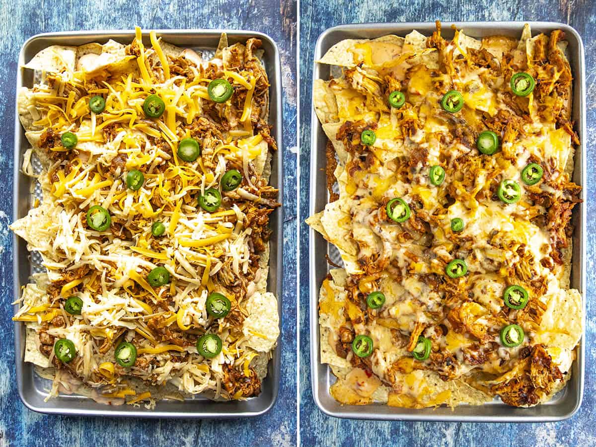 Chicken Nachos on a platter, and fresh out of the oven with lots of melty cheese