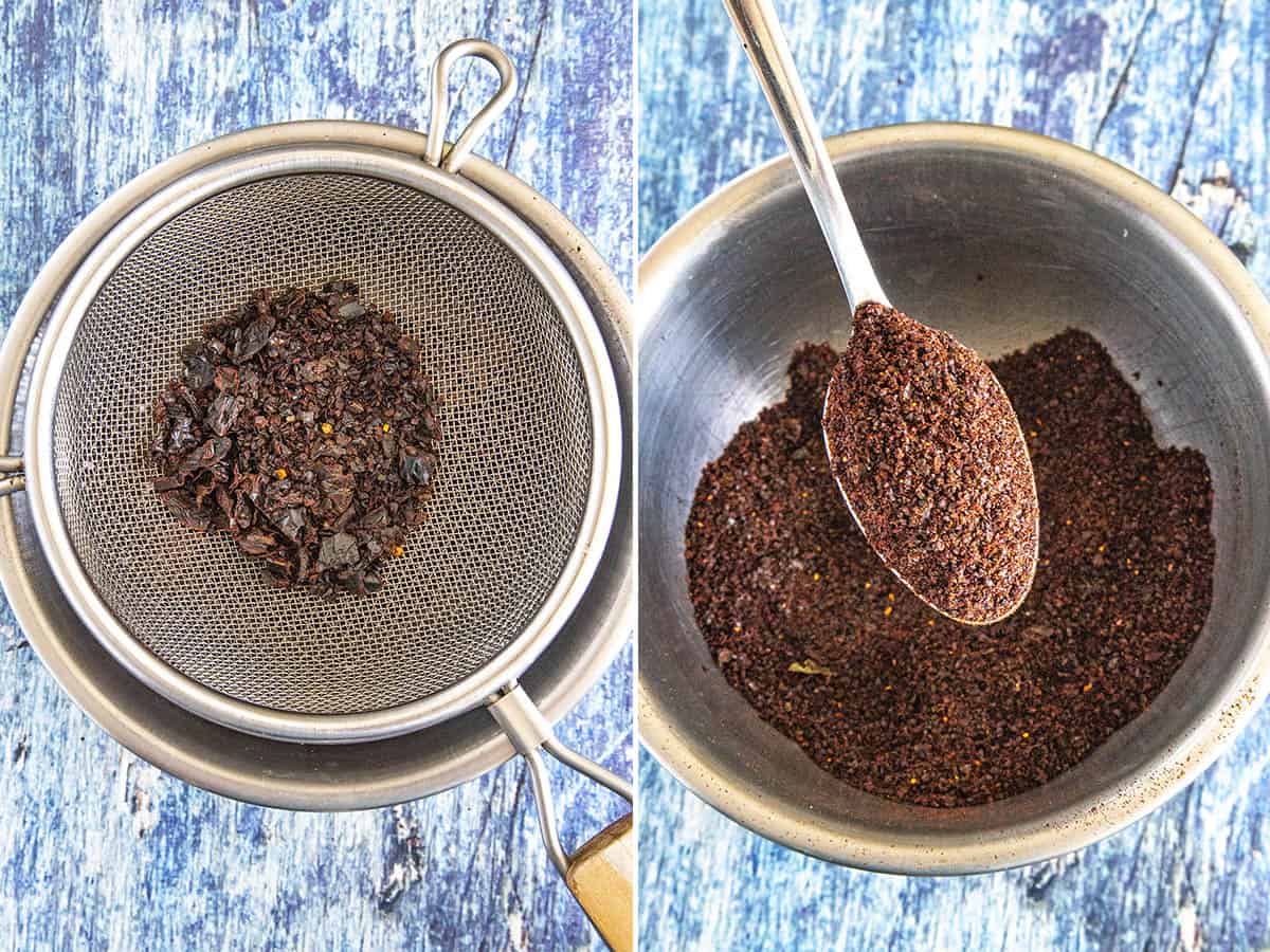 Sifting freshly ground ancho chiles to make Homemade Ancho Chili Powder