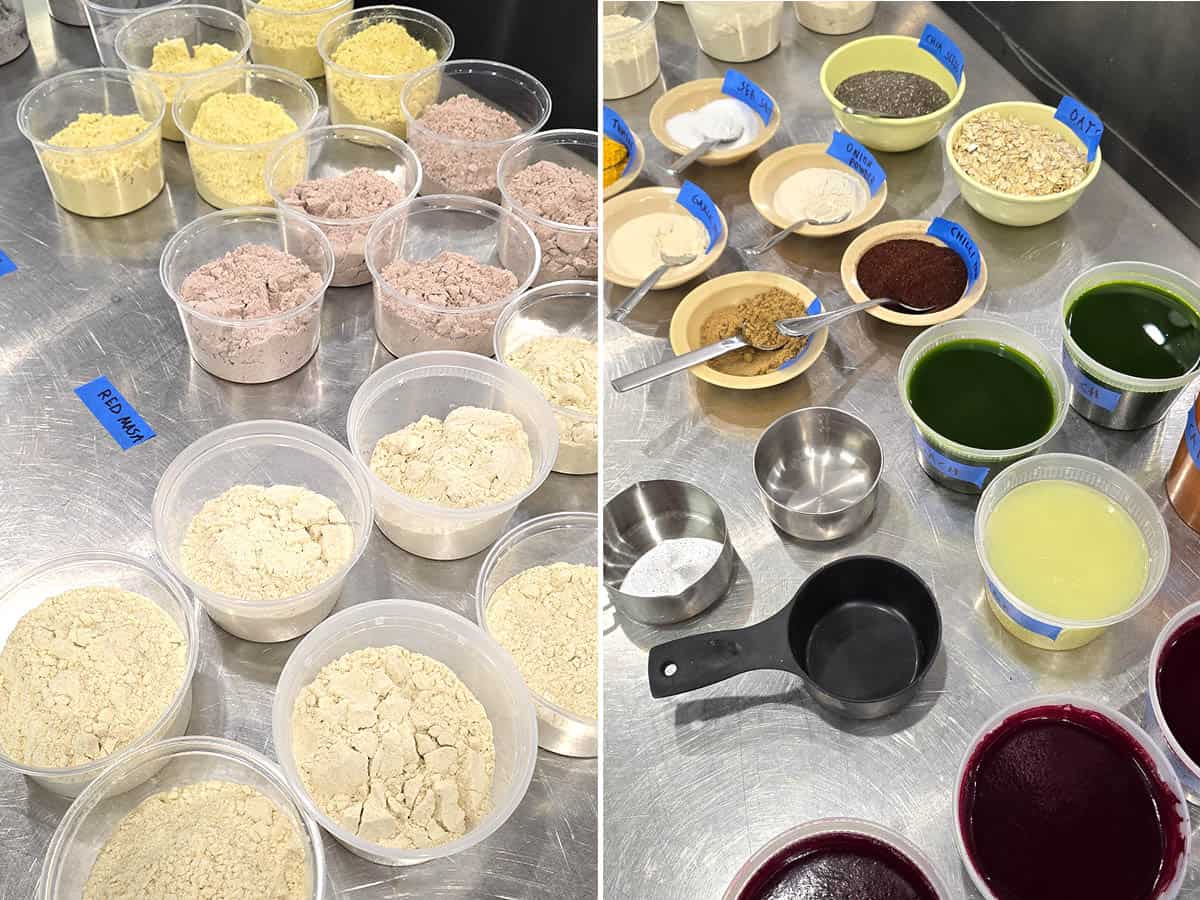 Different colored masa and a variety of liquids to make homemade corn tortillas