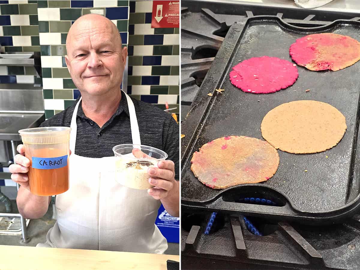 Mike using carrot juice and white masa harina to make different colored corn tortillas