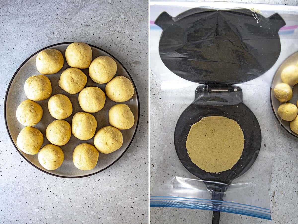 Masa dough balls, and pressing them with a tortilla press to make Homemade Corn Tortillas