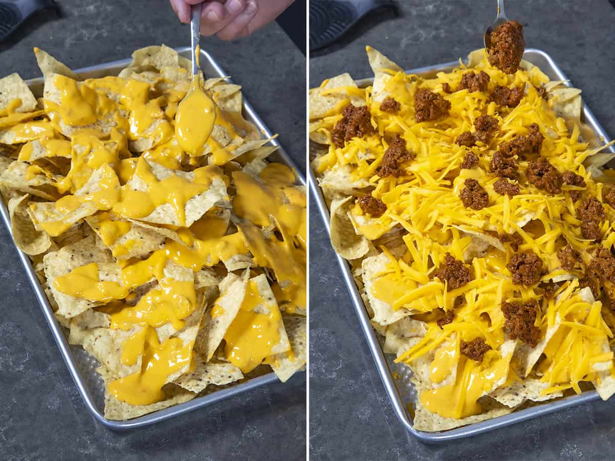 Adding cheese and spicy chorizo over tortilla chips to make late night nachos