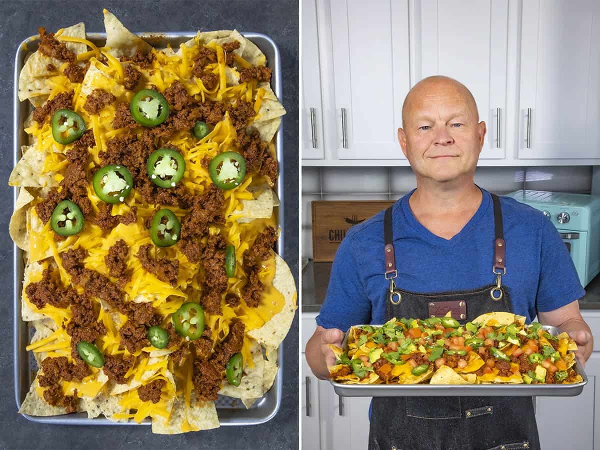 Mike holding a platter of late night nachos