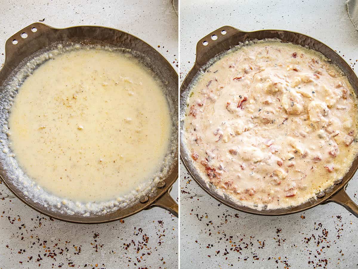 Making a light bechamel and Swirling cheese into the pan mixture to make Rotel dip