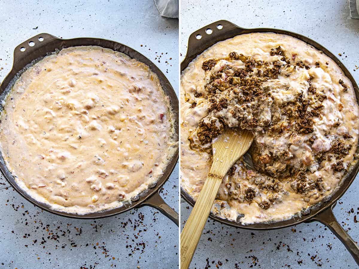 Stirring cheeses and cooked ground meat into a pan of Rotel dip