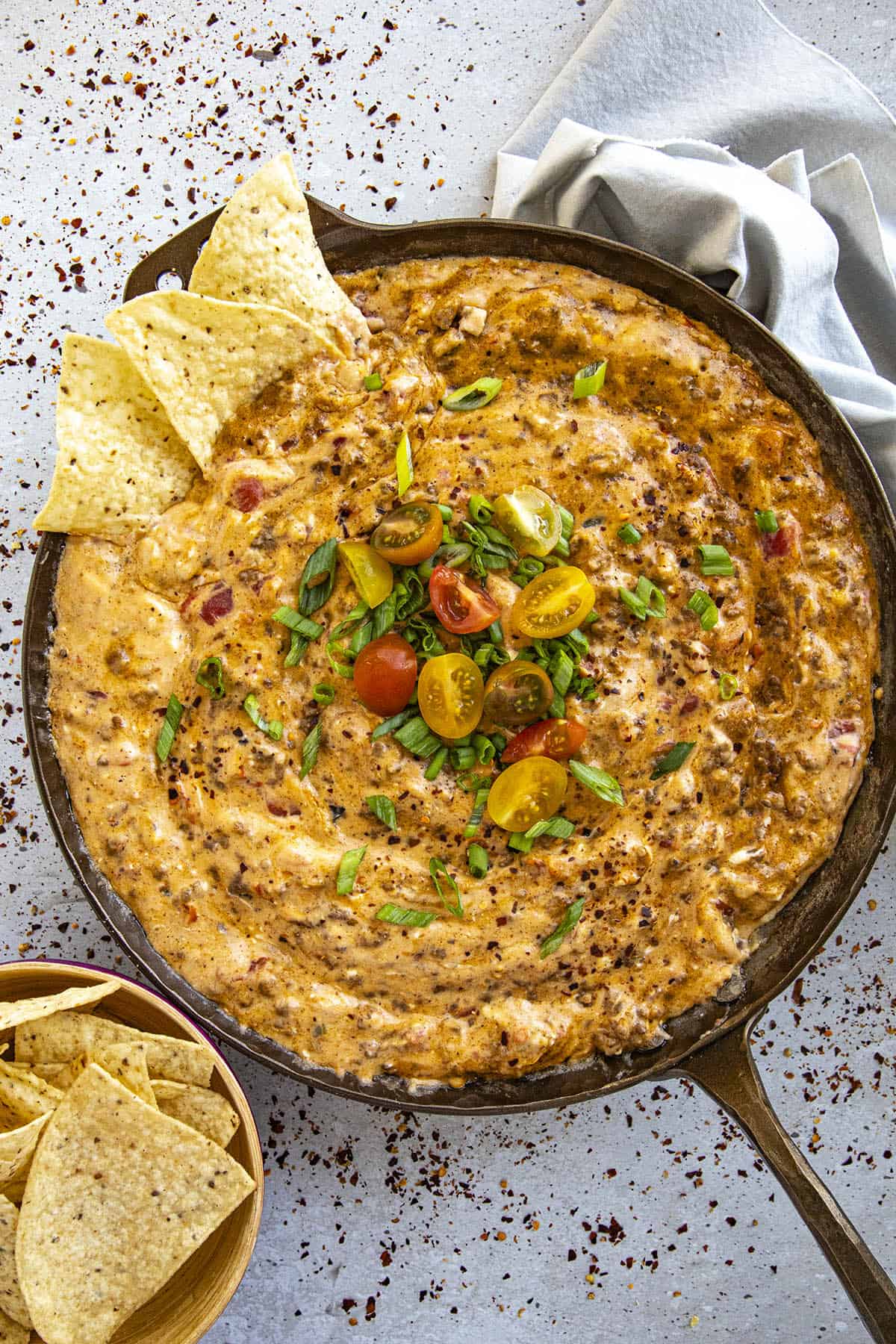 A hot pan of gooey Rotel dip, ready to serve