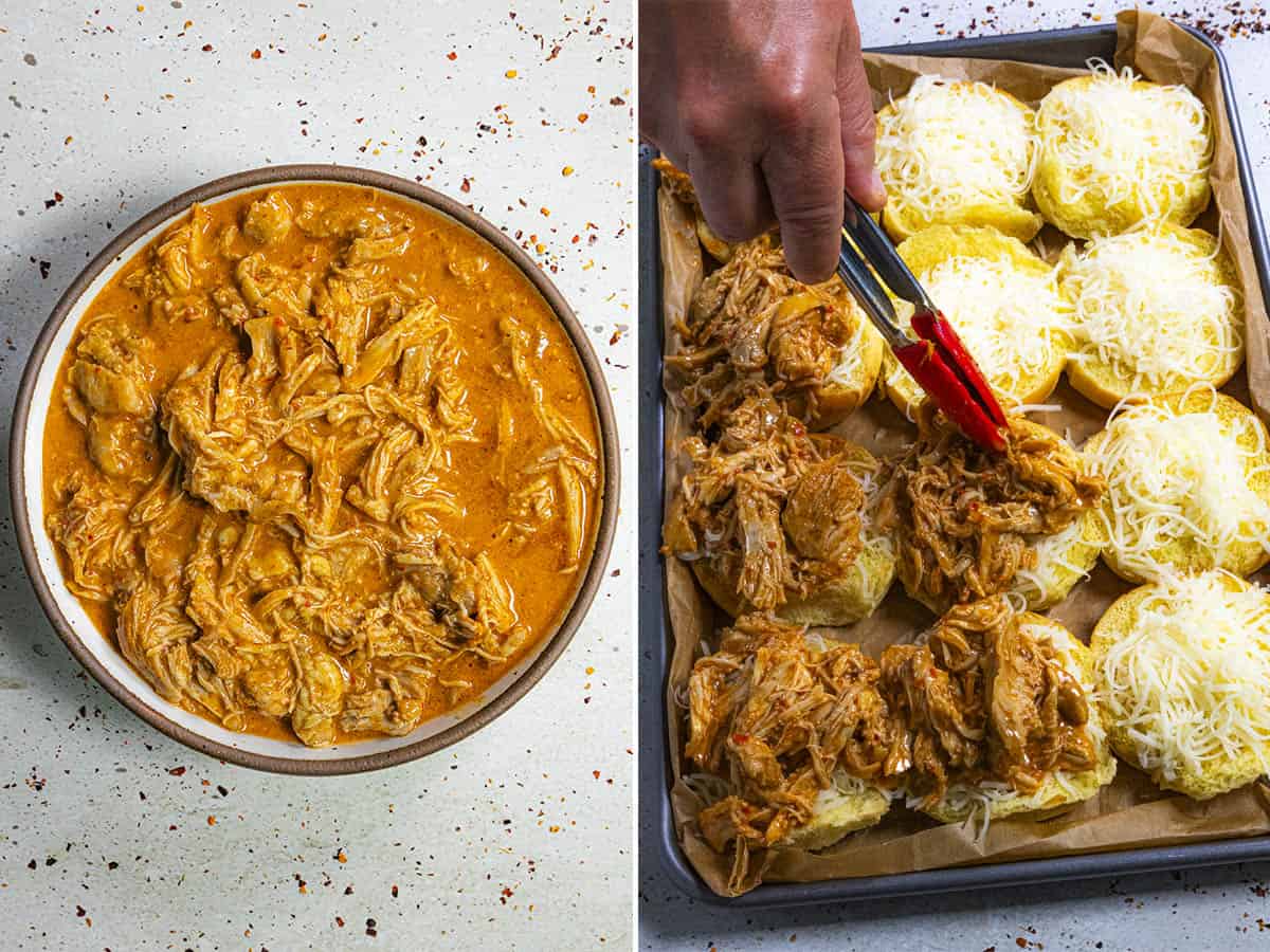 Layering buffalo chicken and shredded cheese onto buns to make Buffalo Chicken Sliders