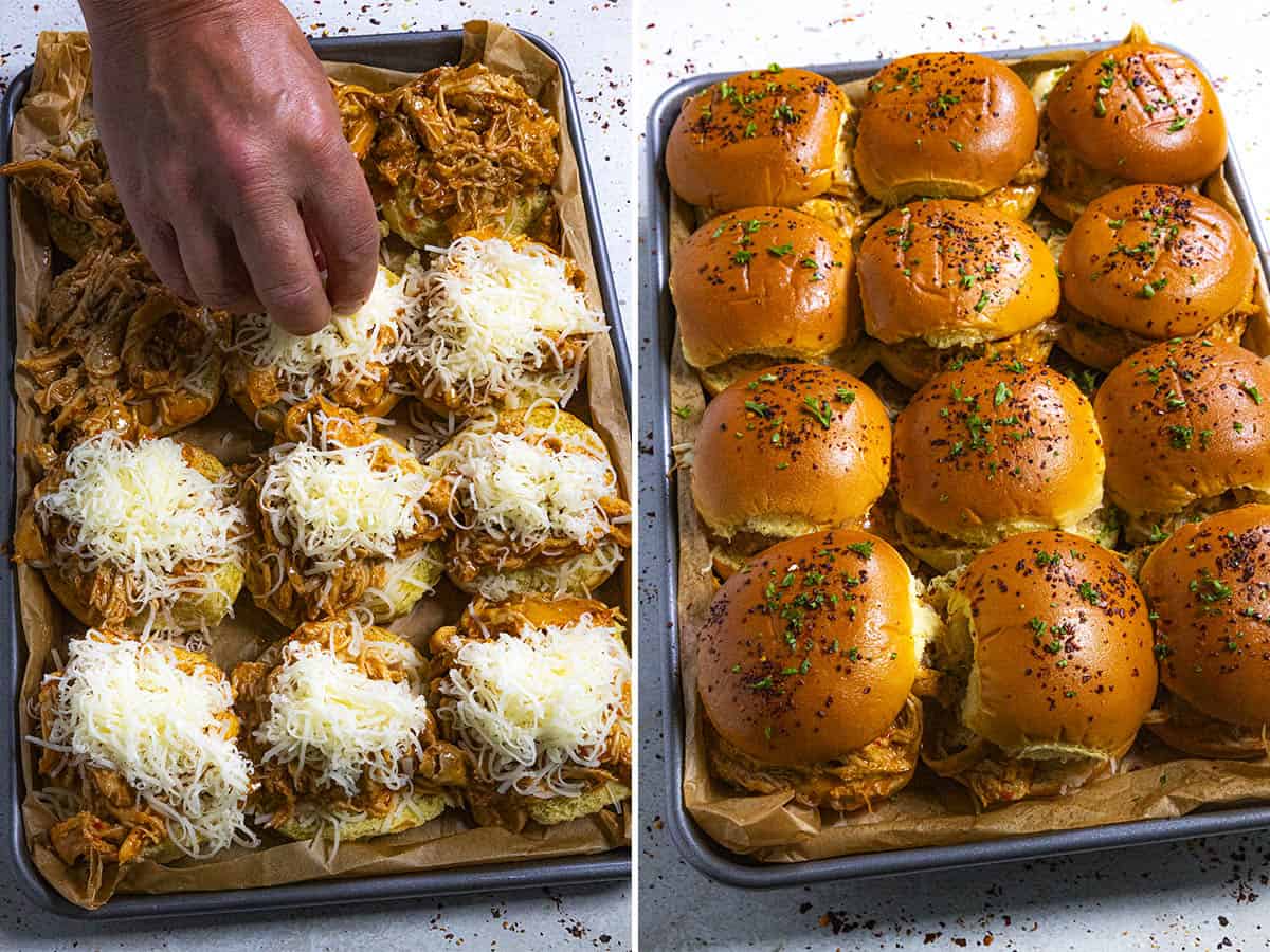 Adding shredded cheese, then baking Buffalo Chicken Sliders